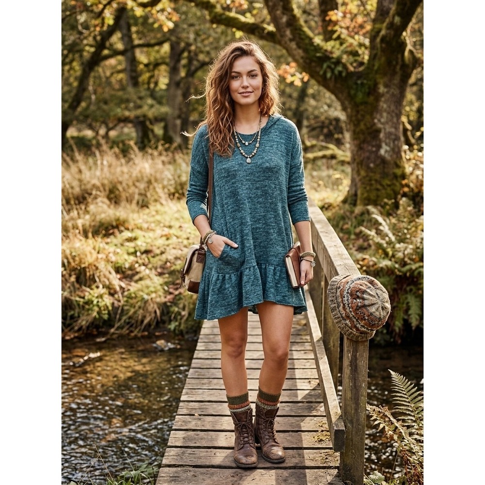 Free People Drop Waist Knit Dress Oversized XS alpaca Wool Linen Boho Granola